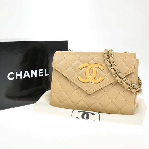 CHANEL CC Logo Mini Matelasse Chain Shoulder Bag Leather Beige GHW 675RF438 - Picture 1 of 15